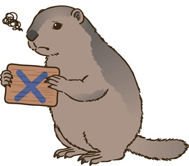 バツマークを描いた看板を持つマーモット