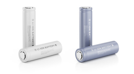 Rechargeable lithium ion batteries - White and Gray li-ion cell batteries type 18650 isolated on white. transparent background - obrazy, fototapety, plakaty