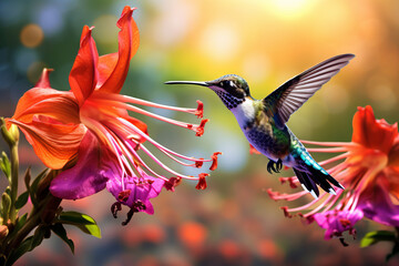 Fototapeta na wymiar Hummingbird hovering to pick up nectar from a beautiful flower