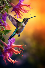 Fototapeta premium Hummingbird hovering to pick up nectar from a beautiful flower