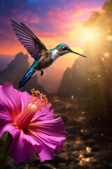 Hummingbird hovering to pick up nectar from a beautiful flower