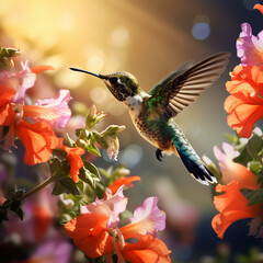 Hummingbird hovering to pick up nectar from a beautiful flower