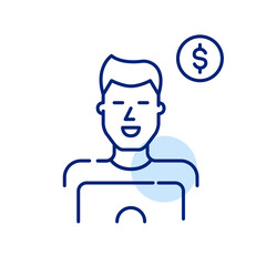 Male freelancer working at laptop. Smiling guy at work at his computer. Dollar sign. Pixel perfect, editable stroke icon
