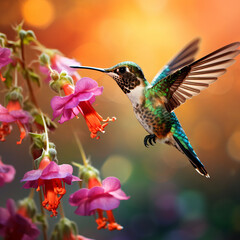 Fototapeta na wymiar Hummingbird hovering to pick up nectar from a beautiful flower