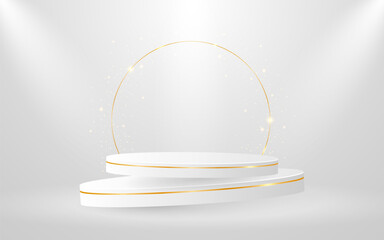 White podium with a golden circle on the back for product presentation. Display of cosmetic products. Stage or podium. vector illustration	