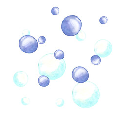 Watercolor underwater blue bubbles, different air sparkles in water, sea, aquarium, ocean. Illustrations elements isolated on white background