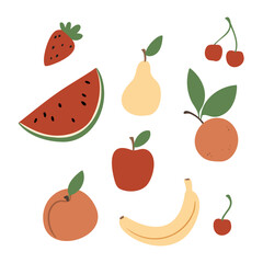Summer picnic clipart set, picnic in park vector illustration, Images in flat cartoon style, Individual elements, fruit, vegetable, food, snack, sandwich, burger, meal, juice, cake