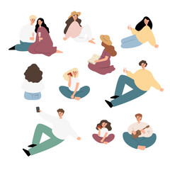 Summer picnic clipart set, People, couples, friends, and families enjoying a picnic in park vector illustration, Images in flat cartoon style, Individual elements