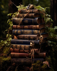 A Fantasy Scene of a Stack of Old Books on a Forest Floor-Generative AI