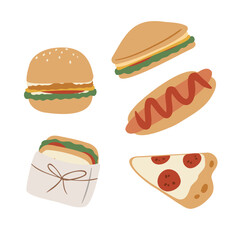 Summer picnic clipart set, picnic in park vector illustration, Images in flat cartoon style, Individual elements, fruit, vegetable, food, snack, sandwich, burger, meal, juice, cake