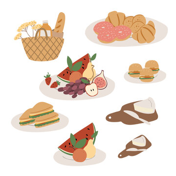 Summer picnic clipart set, picnic in park vector illustration, Images in flat cartoon style, Individual elements, fruit, vegetable, food, snack, sandwich, burger, meal, juice, cake