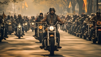 parade of motorcyle with thousands of bikers on the road, motorcyclists in helmets on biker show
