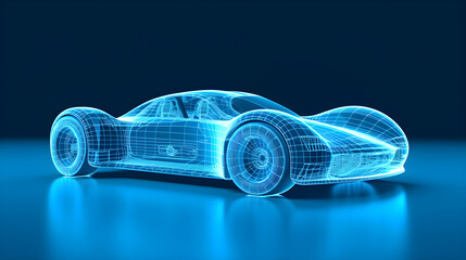 Naklejka premium Wireframe rendering of electric car on light blue background. Digital twin technology. Generative AI