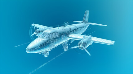 Fototapeta na wymiar Wireframe rendering of plane on light blue background. Digital twin technology. Generative AI