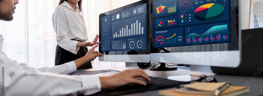 Poster analyst working on data analysis or bi dashboard on computer monitor. business team analyzing financ