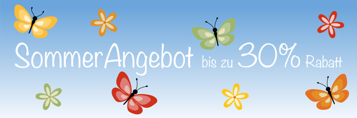 Sommerangebot bis zu 30% Rabatt - Schriftzug in deutscher Sprache. Verkaufsbanner mit Schmetterlingen und Blumen auf himmelblauem Hintergrund.