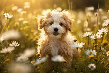 an adorable puppy playing in a field of daisies, generative ai
