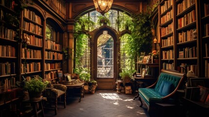 Fototapeta na wymiar an old charming bookstore with rows of bookshelves, generative ai