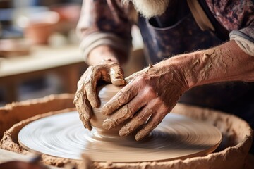 an artisan crafting pottery in a studio with focus on the hands, generative ai - obrazy, fototapety, plakaty