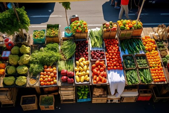 an overhead shot of a colorful farmers market with vegetables, generative ai