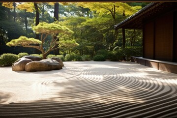 a peaceful zen garden with a perfectly raked sand, generative ai