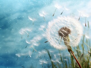 a whimsical close-up of a dandelion with seeds blowing, generative ai