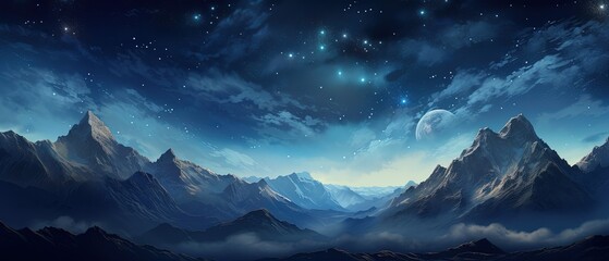 majestic mountain range under a starry night sky, generative ai