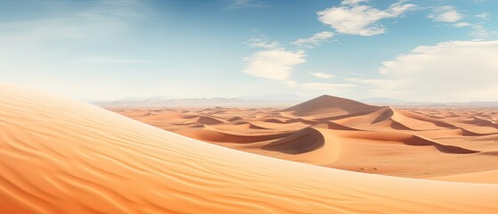 Fototapeta na wymiar panoramic view of a vast desert with towering sand dunes, generative ai
