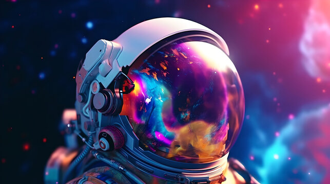 Colorful astronaut helmet reflecting the vibrant and colorful cosmos