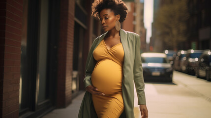 Young attractive black pregnant woman in designer clothes walking through the city streets