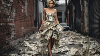 Sexy young woman wearing a dress made of money bills - obrazy, fototapety, plakaty