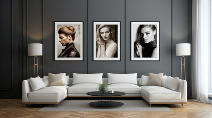 Luxurious home living room with 3 large portraits of people on the wall