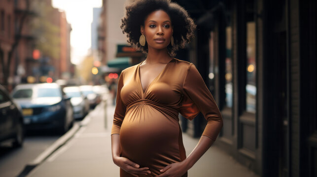 Young attractive black pregnant woman in designer clothes walking through the city streets