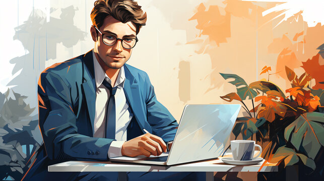 handsome mature man in suit sitting at the table working with a laptop