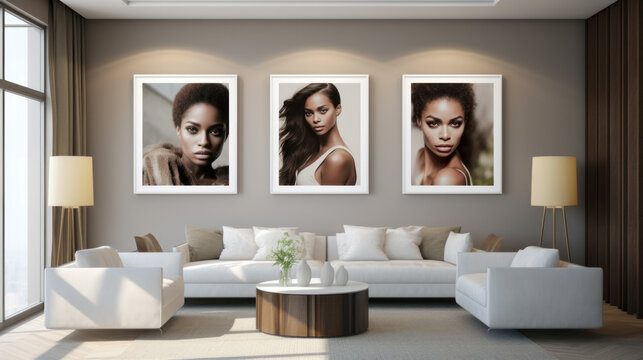 Luxurious home living room with 3 large portraits of people on the wall