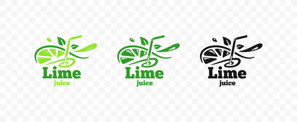 Lime juice with straws and half an lime fruit with slices logo design. Fresh smoothie drink with swirl and leaves vector design