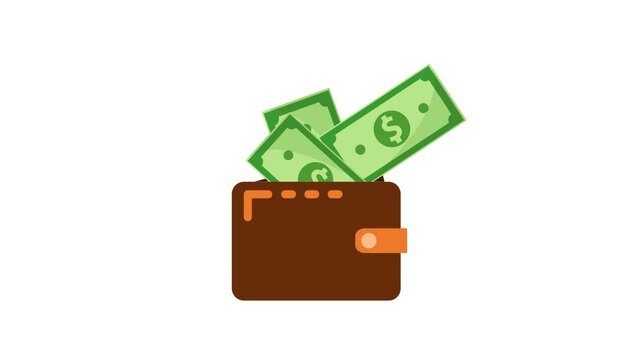 4k animated Brown wallet with green paper money. Wallet with money dollar bank note flat design 2d animation video footage