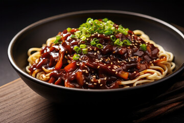 black bean sauce noodle on background