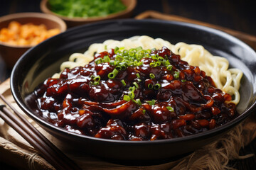 black bean sauce noodle on background