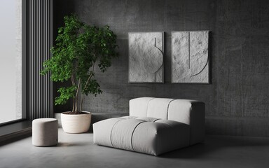 Modern living room with concrete wall and floor.White soft sofa, tree in a pot, pouf with blanket. Abstract wave texture images art on wall. Frame mockup. Abstract geometric poster, 3d rendering