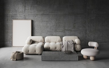 Fototapeta na wymiar Modern living room with concrete wall and floor.White sofa with merino wool blanket,pouf with blanket, concrete coffee table. Empty white frames for art on floor. Frame mockup.3d rendering