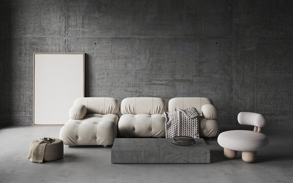 Modern living room with concrete wall and floor.White sofa with merino wool blanket,pouf with blanket, concrete coffee table. Empty white frames for art on floor. Frame mockup.3d rendering