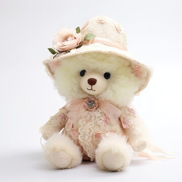 Cute teddy bear in a pink dress on a body background.
