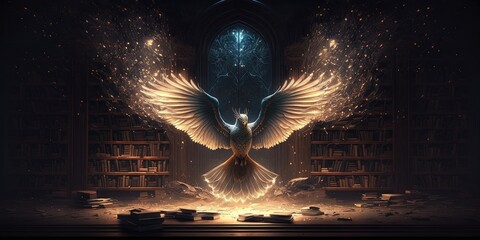 Magic Library Feathers With wings flying fairy lights, generative AI
