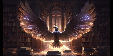 Magic Library Feathers With wings flying fairy lights, generative AI