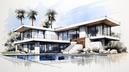 Conceptual drawing of a modern beach vila, architectural drawing, generative AI,