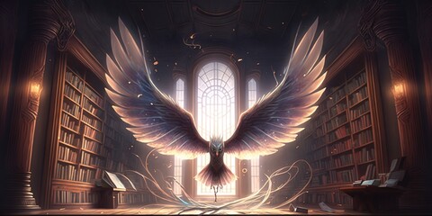 Magic Library Feathers With wings flying fairy lights, generative AI