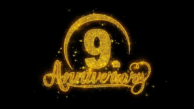 9th Happy Anniversary typography text Reveal from Golden on Glitter Shiny Magic Particles Sparks. For Greeting Card, Celebration, Wishes, Events, Message, holiday, festival concept