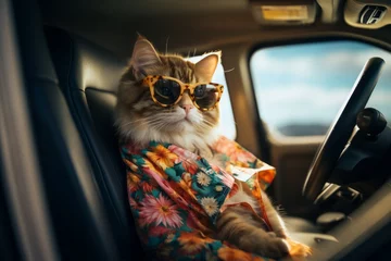 Fototapeten Happy cat with sun glasses in car go to rest at sea. summer vocation travel. generative AI © Natee Meepian