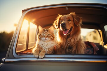 Happy dog and cat together in car. summer vocation travel. generative AI - obrazy, fototapety, plakaty